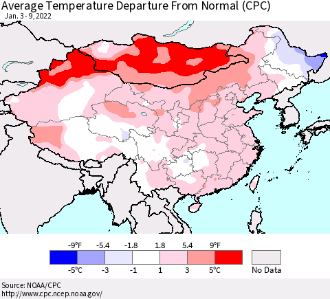 China, Mongolia and Taiwan Average Temperature Departure from Normal (CPC) Thematic Map For 1/3/2022 - 1/9/2022