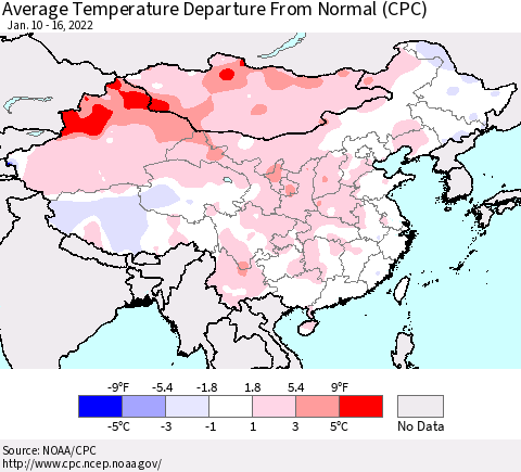 China, Mongolia and Taiwan Average Temperature Departure from Normal (CPC) Thematic Map For 1/10/2022 - 1/16/2022