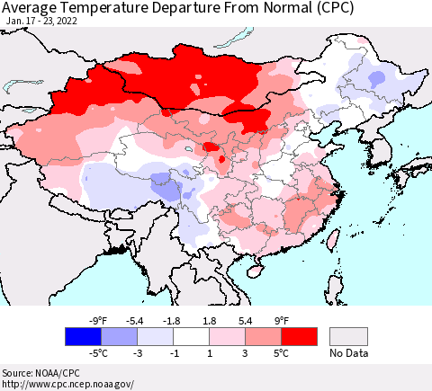 China, Mongolia and Taiwan Average Temperature Departure from Normal (CPC) Thematic Map For 1/17/2022 - 1/23/2022