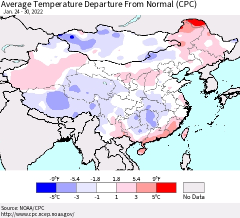 China, Mongolia and Taiwan Average Temperature Departure from Normal (CPC) Thematic Map For 1/24/2022 - 1/30/2022