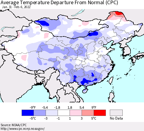 China, Mongolia and Taiwan Average Temperature Departure from Normal (CPC) Thematic Map For 1/31/2022 - 2/6/2022