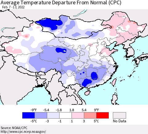 China, Mongolia and Taiwan Average Temperature Departure from Normal (CPC) Thematic Map For 2/7/2022 - 2/13/2022
