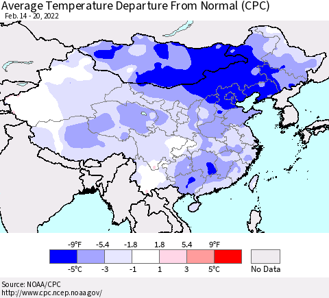 China, Mongolia and Taiwan Average Temperature Departure from Normal (CPC) Thematic Map For 2/14/2022 - 2/20/2022