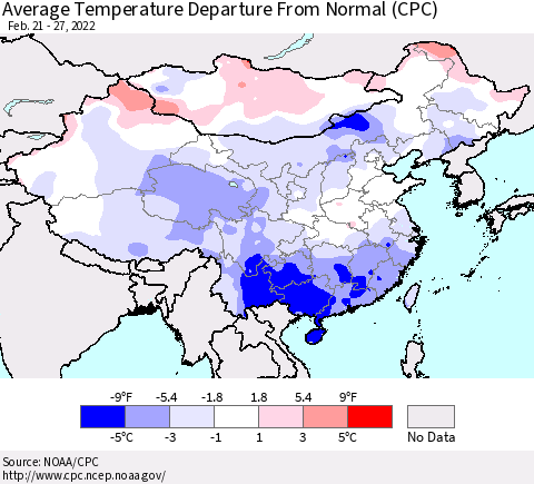 China, Mongolia and Taiwan Average Temperature Departure from Normal (CPC) Thematic Map For 2/21/2022 - 2/27/2022