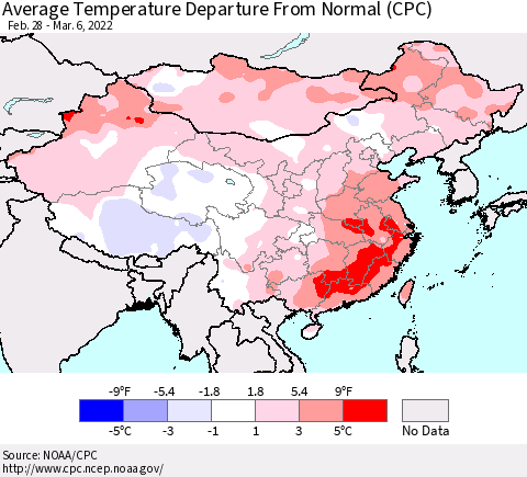 China, Mongolia and Taiwan Average Temperature Departure from Normal (CPC) Thematic Map For 2/28/2022 - 3/6/2022