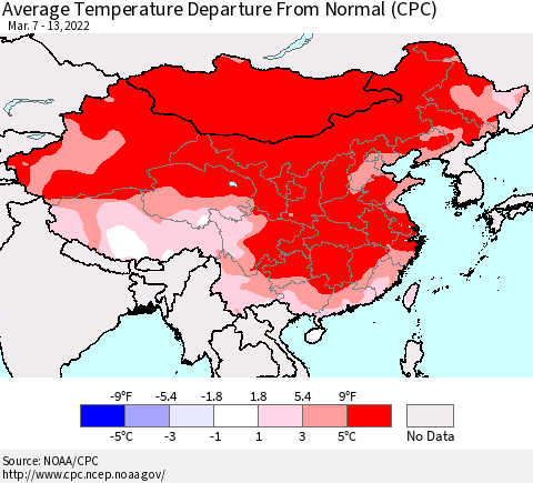 China, Mongolia and Taiwan Average Temperature Departure from Normal (CPC) Thematic Map For 3/7/2022 - 3/13/2022