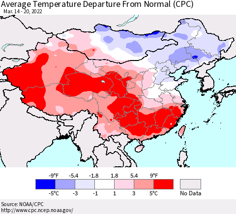 China, Mongolia and Taiwan Average Temperature Departure from Normal (CPC) Thematic Map For 3/14/2022 - 3/20/2022