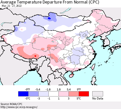 China, Mongolia and Taiwan Average Temperature Departure from Normal (CPC) Thematic Map For 3/21/2022 - 3/27/2022