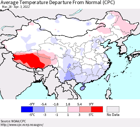China, Mongolia and Taiwan Average Temperature Departure from Normal (CPC) Thematic Map For 3/28/2022 - 4/3/2022
