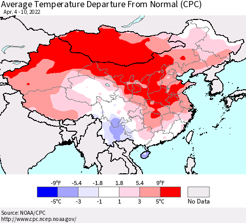 China, Mongolia and Taiwan Average Temperature Departure from Normal (CPC) Thematic Map For 4/4/2022 - 4/10/2022