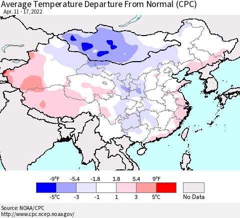 China, Mongolia and Taiwan Average Temperature Departure from Normal (CPC) Thematic Map For 4/11/2022 - 4/17/2022