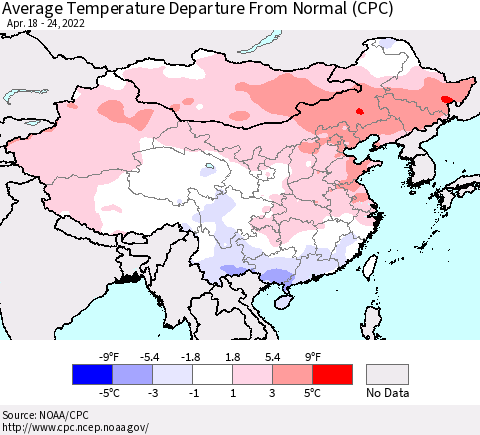 China, Mongolia and Taiwan Average Temperature Departure from Normal (CPC) Thematic Map For 4/18/2022 - 4/24/2022