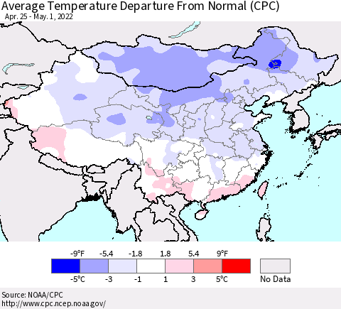 China, Mongolia and Taiwan Average Temperature Departure from Normal (CPC) Thematic Map For 4/25/2022 - 5/1/2022