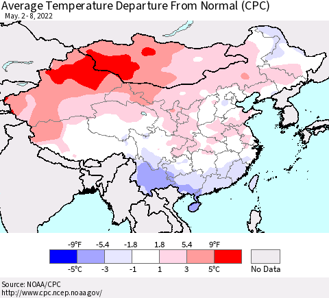 China, Mongolia and Taiwan Average Temperature Departure from Normal (CPC) Thematic Map For 5/2/2022 - 5/8/2022