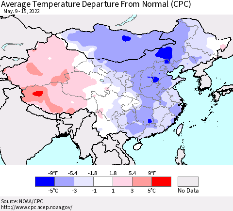 China, Mongolia and Taiwan Average Temperature Departure from Normal (CPC) Thematic Map For 5/9/2022 - 5/15/2022