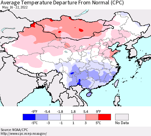 China, Mongolia and Taiwan Average Temperature Departure from Normal (CPC) Thematic Map For 5/16/2022 - 5/22/2022