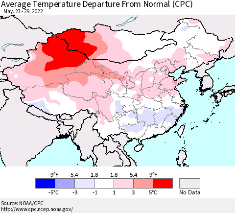 China, Mongolia and Taiwan Average Temperature Departure from Normal (CPC) Thematic Map For 5/23/2022 - 5/29/2022
