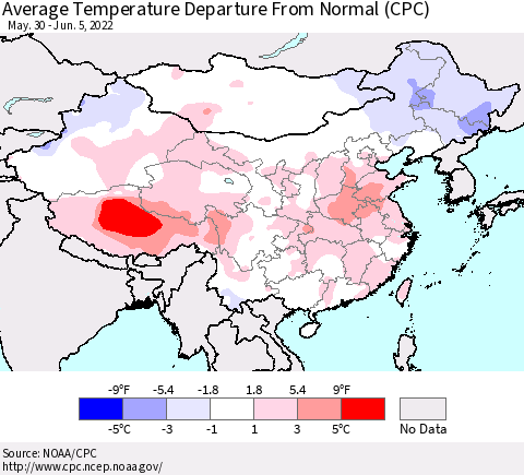 China, Mongolia and Taiwan Average Temperature Departure from Normal (CPC) Thematic Map For 5/30/2022 - 6/5/2022