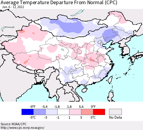 China, Mongolia and Taiwan Average Temperature Departure from Normal (CPC) Thematic Map For 6/6/2022 - 6/12/2022