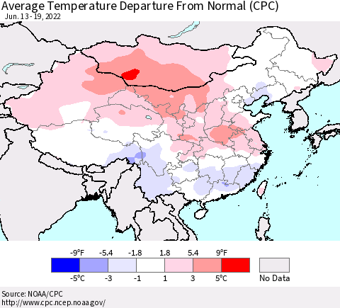 China, Mongolia and Taiwan Average Temperature Departure from Normal (CPC) Thematic Map For 6/13/2022 - 6/19/2022