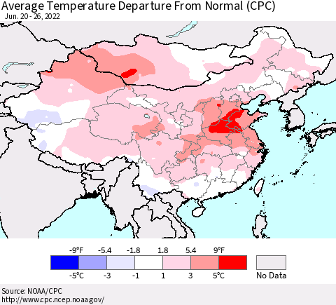 China, Mongolia and Taiwan Average Temperature Departure from Normal (CPC) Thematic Map For 6/20/2022 - 6/26/2022