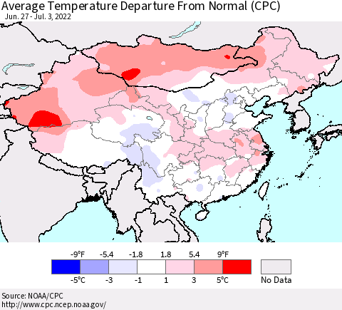 China, Mongolia and Taiwan Average Temperature Departure from Normal (CPC) Thematic Map For 6/27/2022 - 7/3/2022