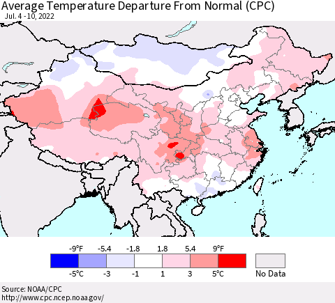 China, Mongolia and Taiwan Average Temperature Departure from Normal (CPC) Thematic Map For 7/4/2022 - 7/10/2022