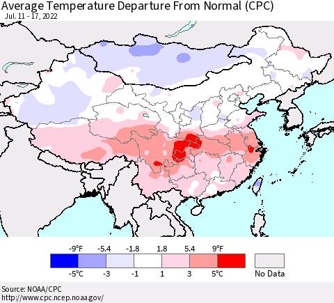 China, Mongolia and Taiwan Average Temperature Departure from Normal (CPC) Thematic Map For 7/11/2022 - 7/17/2022