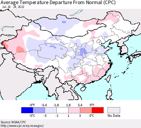 China, Mongolia and Taiwan Average Temperature Departure from Normal (CPC) Thematic Map For 7/18/2022 - 7/24/2022