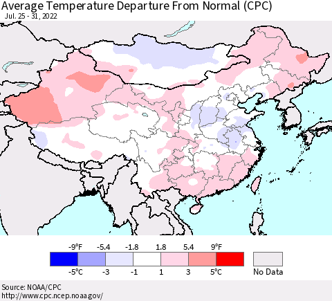 China, Mongolia and Taiwan Average Temperature Departure from Normal (CPC) Thematic Map For 7/25/2022 - 7/31/2022