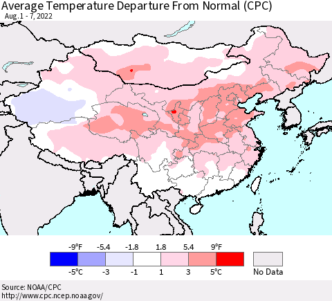 China, Mongolia and Taiwan Average Temperature Departure from Normal (CPC) Thematic Map For 8/1/2022 - 8/7/2022