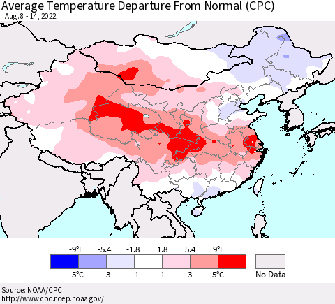 China, Mongolia and Taiwan Average Temperature Departure from Normal (CPC) Thematic Map For 8/8/2022 - 8/14/2022