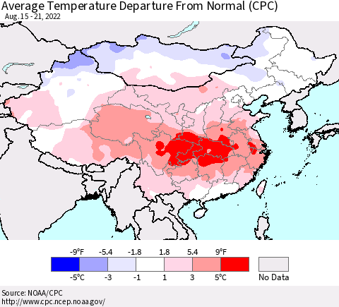 China, Mongolia and Taiwan Average Temperature Departure from Normal (CPC) Thematic Map For 8/15/2022 - 8/21/2022