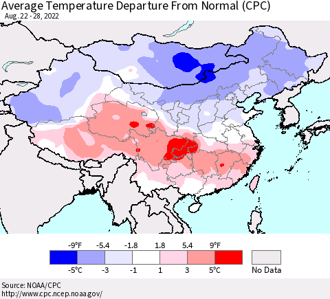 China, Mongolia and Taiwan Average Temperature Departure from Normal (CPC) Thematic Map For 8/22/2022 - 8/28/2022