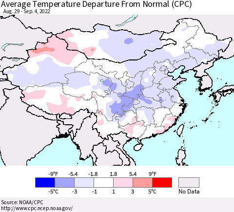 China, Mongolia and Taiwan Average Temperature Departure from Normal (CPC) Thematic Map For 8/29/2022 - 9/4/2022