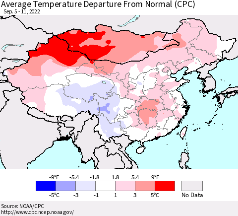 China, Mongolia and Taiwan Average Temperature Departure from Normal (CPC) Thematic Map For 9/5/2022 - 9/11/2022