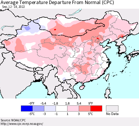 China, Mongolia and Taiwan Average Temperature Departure from Normal (CPC) Thematic Map For 9/12/2022 - 9/18/2022