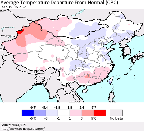 China, Mongolia and Taiwan Average Temperature Departure from Normal (CPC) Thematic Map For 9/19/2022 - 9/25/2022