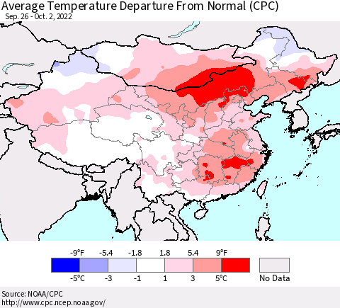 China, Mongolia and Taiwan Average Temperature Departure from Normal (CPC) Thematic Map For 9/26/2022 - 10/2/2022