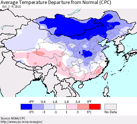 China, Mongolia and Taiwan Average Temperature Departure from Normal (CPC) Thematic Map For 10/3/2022 - 10/9/2022