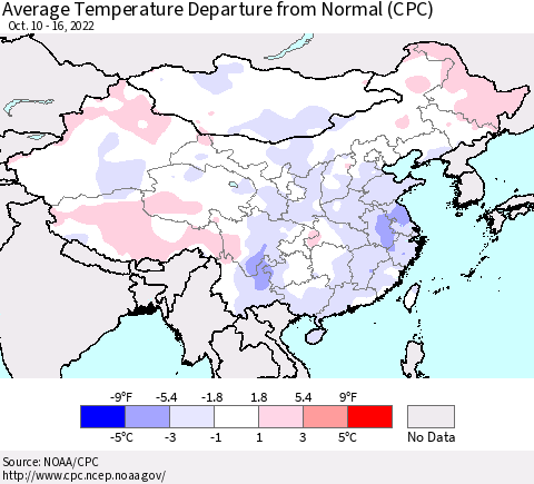 China, Mongolia and Taiwan Average Temperature Departure from Normal (CPC) Thematic Map For 10/10/2022 - 10/16/2022