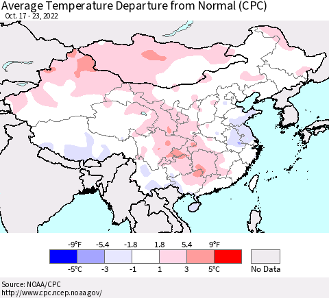 China, Mongolia and Taiwan Average Temperature Departure from Normal (CPC) Thematic Map For 10/17/2022 - 10/23/2022
