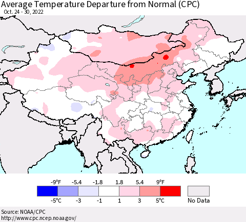 China, Mongolia and Taiwan Average Temperature Departure from Normal (CPC) Thematic Map For 10/24/2022 - 10/30/2022