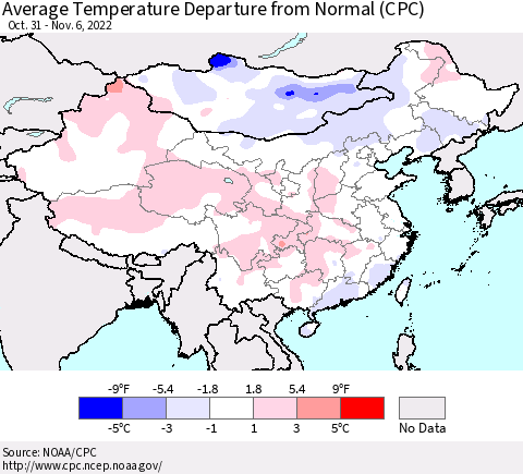 China, Mongolia and Taiwan Average Temperature Departure from Normal (CPC) Thematic Map For 10/31/2022 - 11/6/2022
