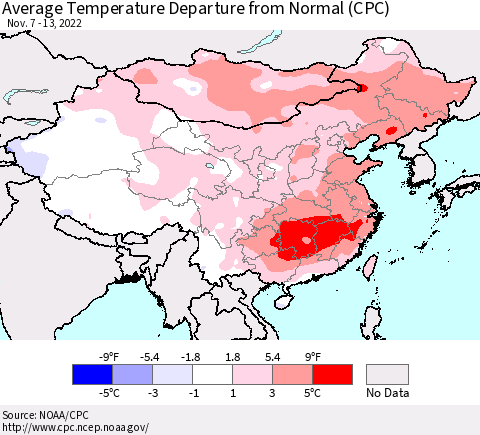 China, Mongolia and Taiwan Average Temperature Departure from Normal (CPC) Thematic Map For 11/7/2022 - 11/13/2022