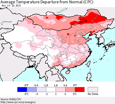China, Mongolia and Taiwan Average Temperature Departure from Normal (CPC) Thematic Map For 11/14/2022 - 11/20/2022