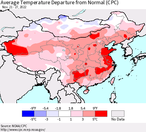 China, Mongolia and Taiwan Average Temperature Departure from Normal (CPC) Thematic Map For 11/21/2022 - 11/27/2022