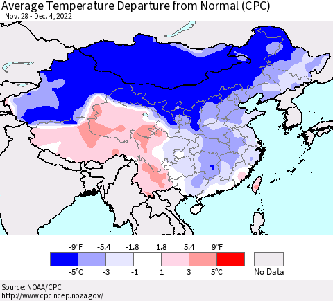 China, Mongolia and Taiwan Average Temperature Departure from Normal (CPC) Thematic Map For 11/28/2022 - 12/4/2022