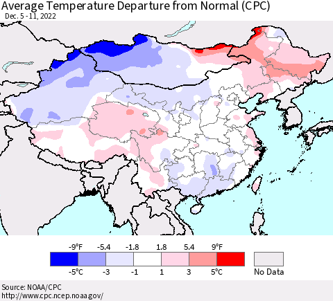 China, Mongolia and Taiwan Average Temperature Departure from Normal (CPC) Thematic Map For 12/5/2022 - 12/11/2022