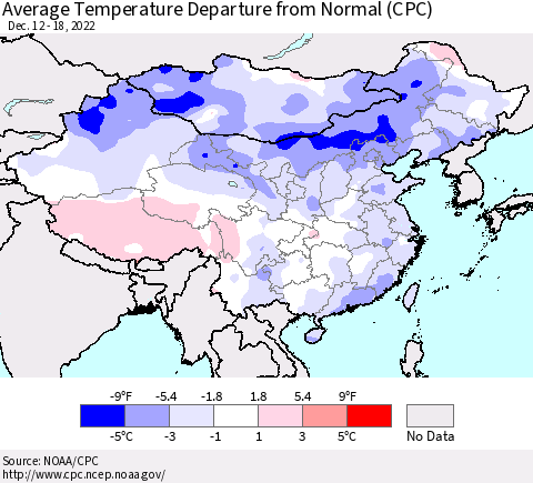 China, Mongolia and Taiwan Average Temperature Departure from Normal (CPC) Thematic Map For 12/12/2022 - 12/18/2022